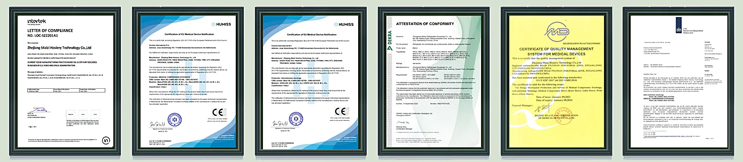 Muro de certificados de la empresa: ISO 13485, FDA, BSCI, OEKO-TEX y otros