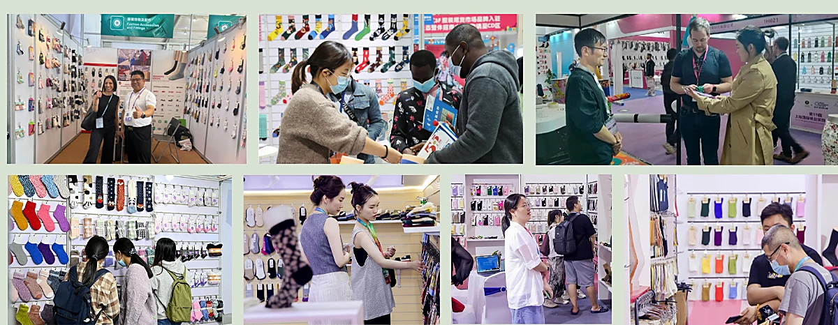 El equipo de Xinran Knitting recibe a compradores globales en ferias internacionales de calcetines y textiles médicos